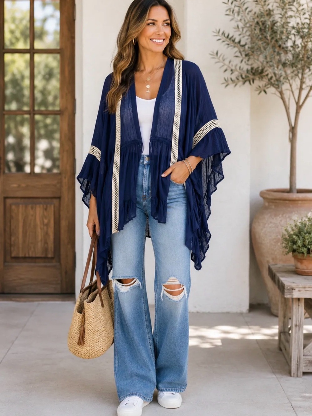 Umgee Navy Open-Front Kimono with Cream Lace Trim